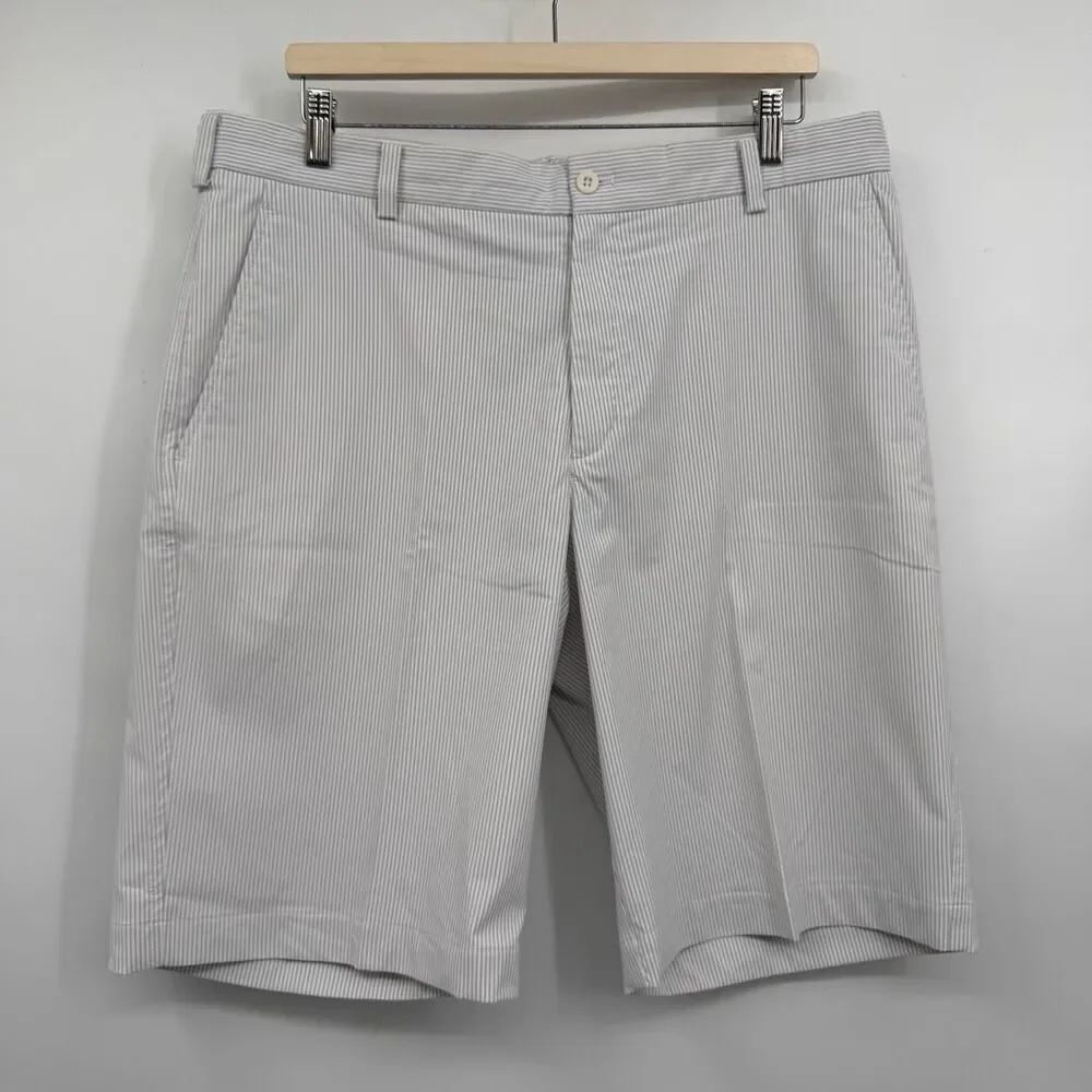 Nike Dri Fit Gray White Striped Stretch Flat Front Golf Chino Shorts Size 36